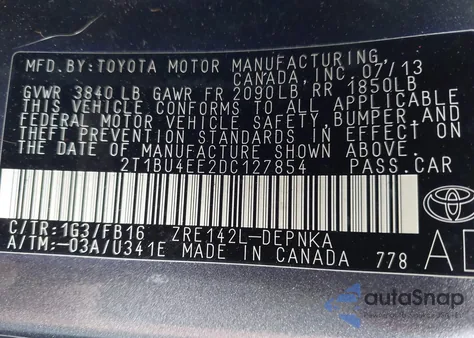 2013 Toyota Corolla Le z USA, uszkodzony, nr VIN 2T1BU4EE2DC127854